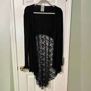 VOCAL Black Lace Duster Cardigan Size XL Rayon Knit Top, Nylon Lace Back